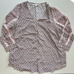 J Jill‎ Red Floral Geo Print Long Sleeve V Neck Tunic Blouse Women’s Medium Boho